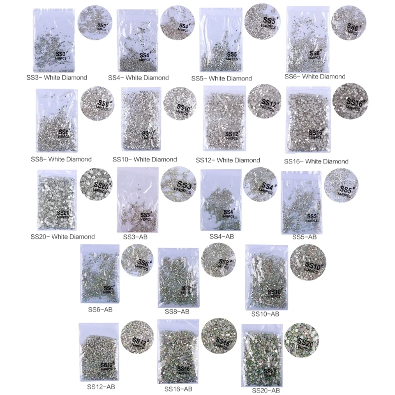 1440Pcs AB Crystal Round Art Rhinestones Flatback Stones, Mixed Size Crystal Rhinestones for Nail