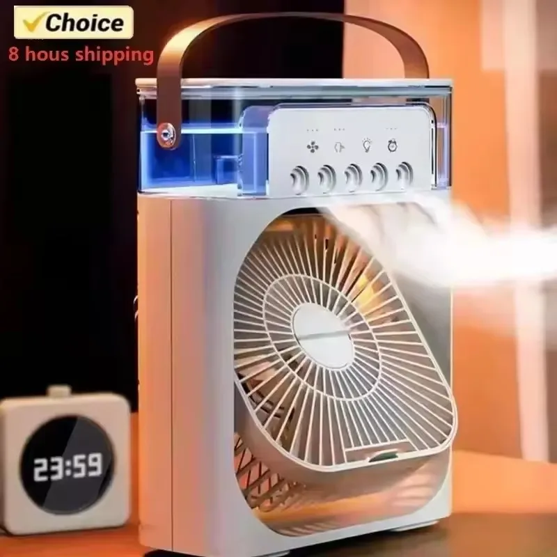 Ventilador umidificador portátil 3 em 1, mini ventilador USB, função de luz noturna LED, umidificação com névoa de água, diversão em família