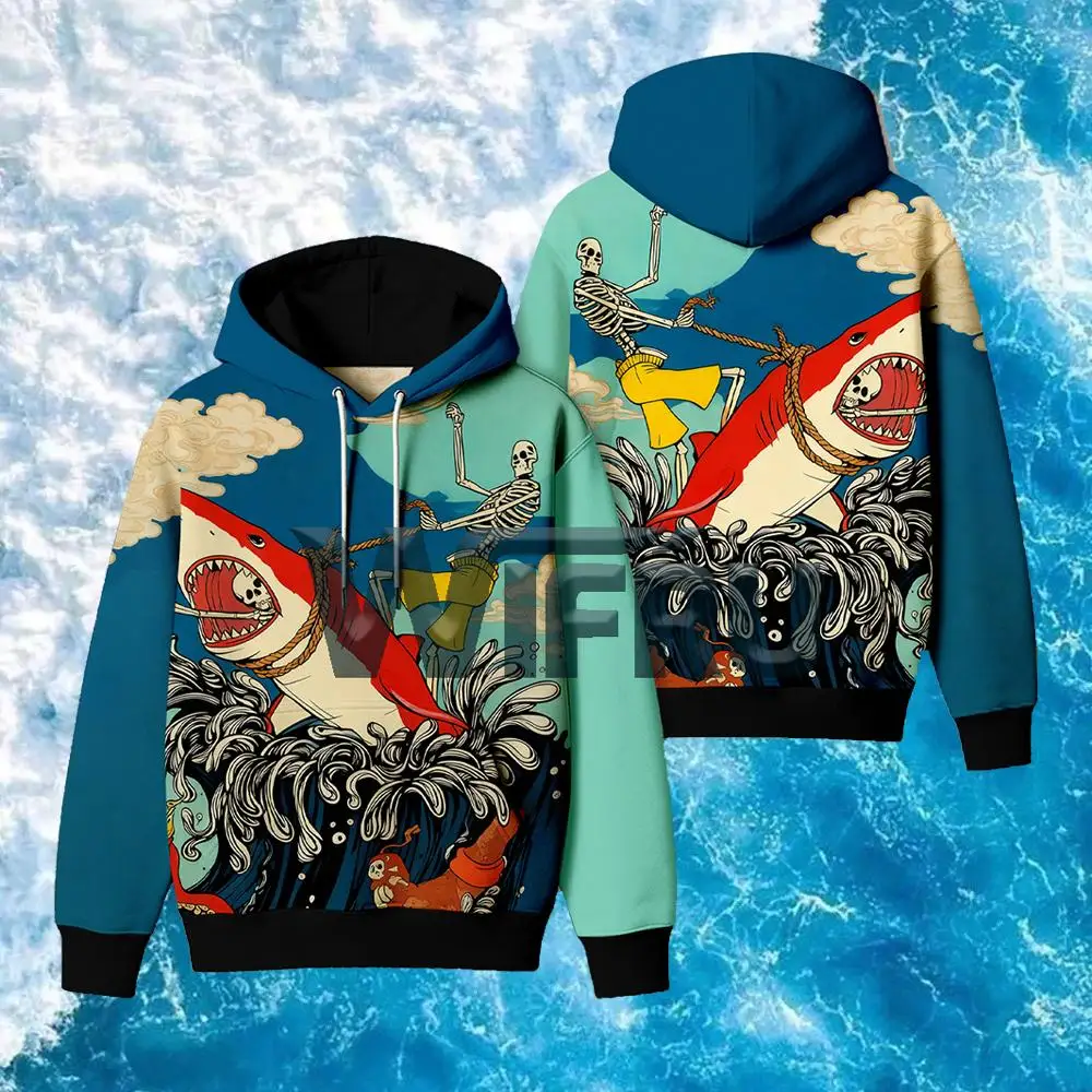 

2025 New Skull And Shark Rider Print Hoodie Autumn And Winter Street Style Loose Casual Sweatshirt Unisex Fashionable Pullover