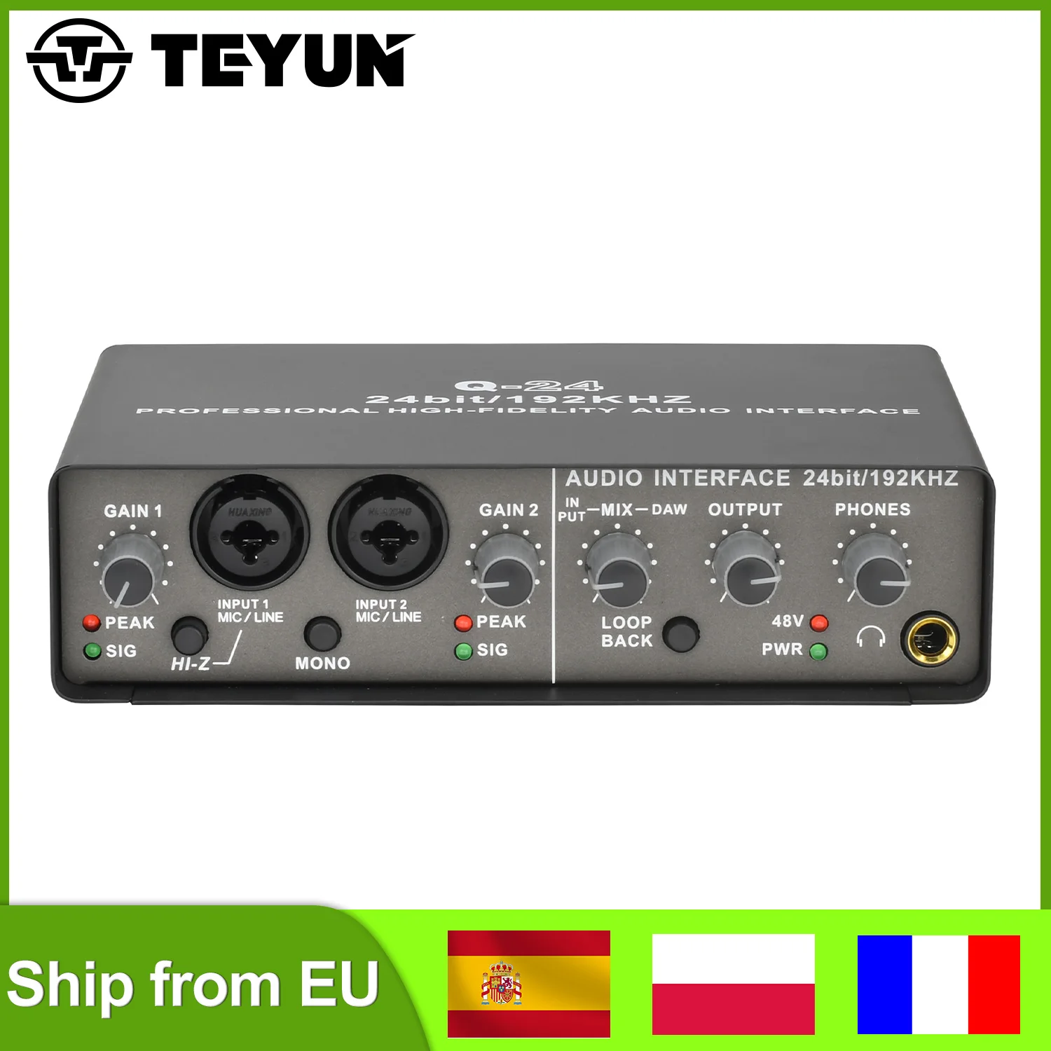 TEYUN 24bit Audio Interface 2 Channel Sound Card Monitoring for Electric Guitar Live Record Extractor Studio Singing Q24