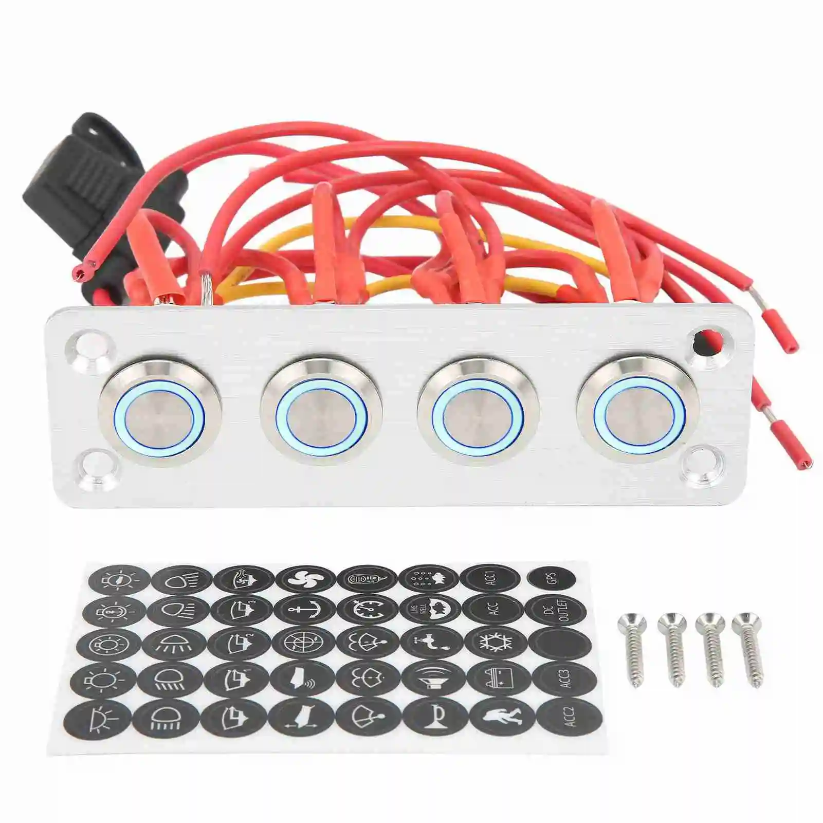 

4 Gang Panel Blue Light 12V 16A Stainless Steel Button for RV Boat RV Panel 4 Gang On Off Panel