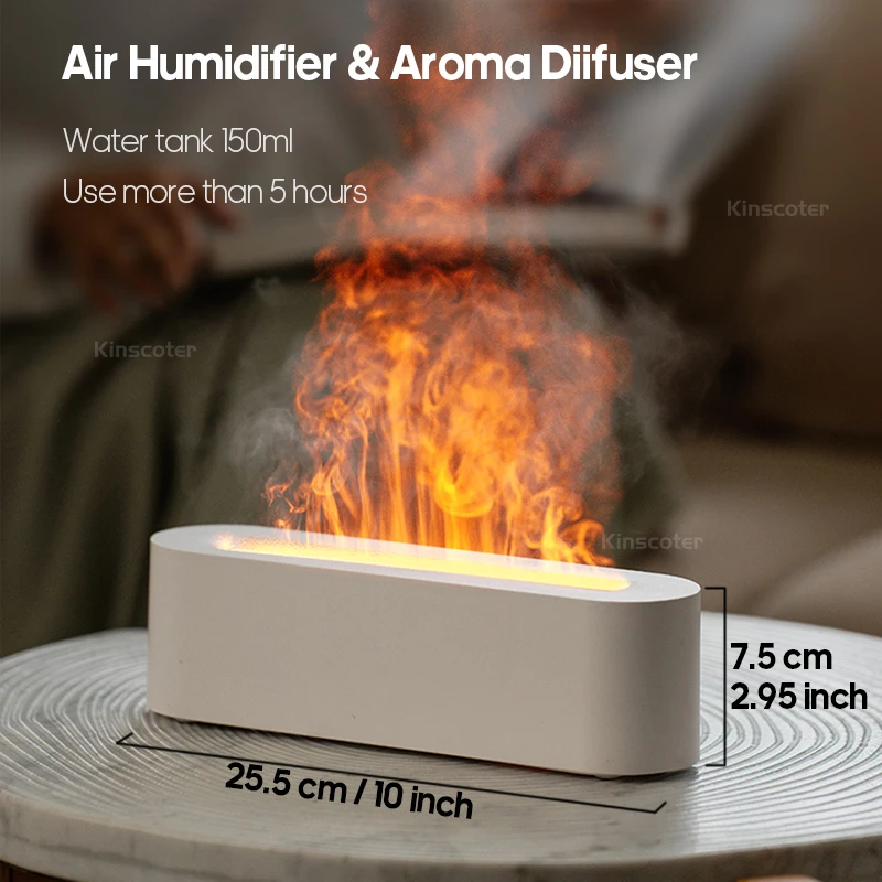 KINSCOTER-Difusor de Aroma de aceite esencial, humidificador de aire de llama, Difusor ultrasónico de niebla fría con luz nocturna de fuego realista RGB