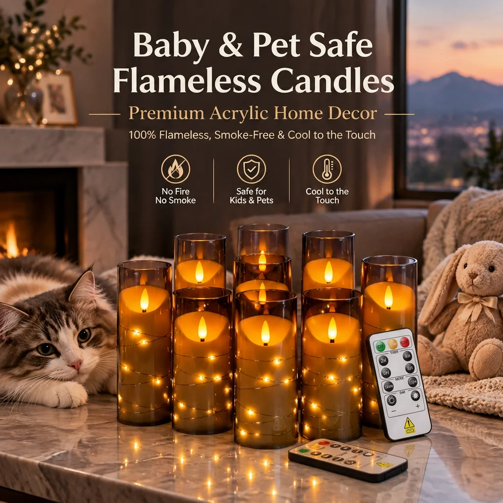 New Acrylic Flameless LED Pillar Candles 9pcs Dual Light Mode Built-in Fairy String Lights Remote Timer Home Party Holiday Decor