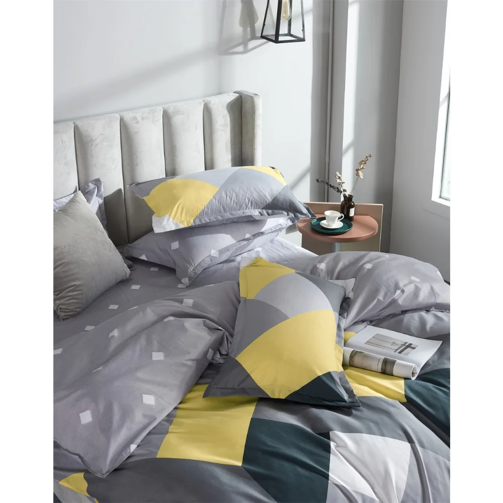 Reversible Geometric Print Queen King Size Duvet Cover Set Yellow Grey Motifs Plaid Bedding Set 3Pcs Soft Microfiber Quilt Cover