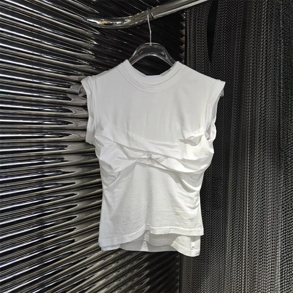 2026 Summer New Niche Solid Color Crew Neck Sleeveless Tank Top Women Slim Fit Twisted Knot Design Cropped Tops