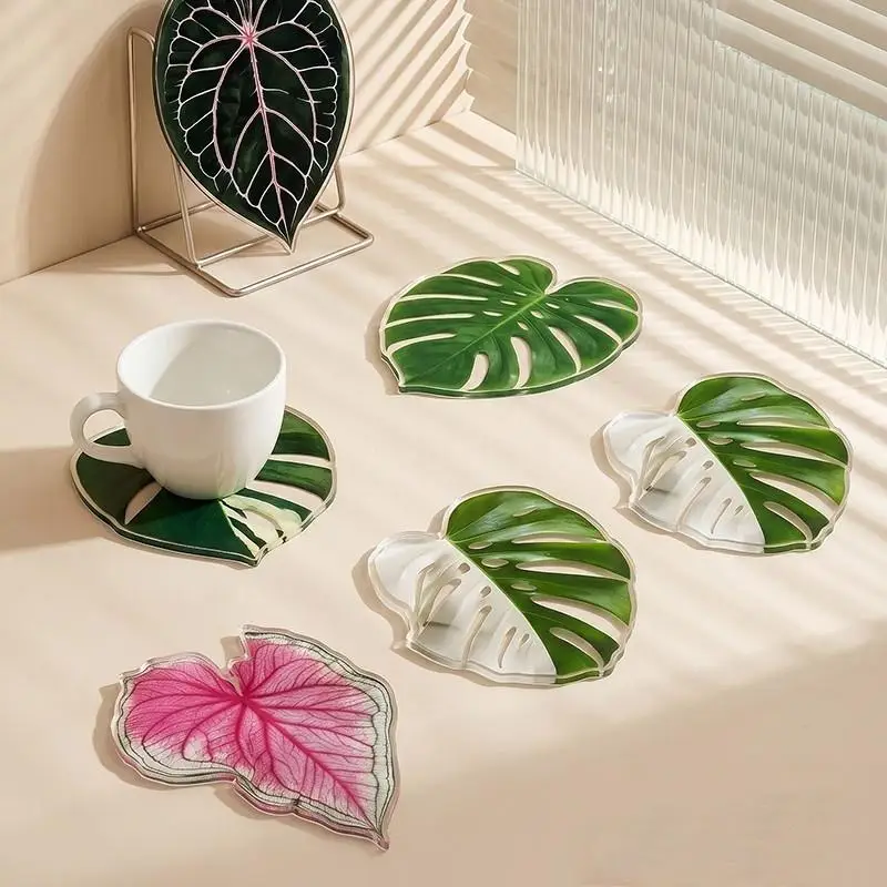 Acrylic Monstera Leaf Coaster Tropical Green Plant Cup Mats Anti-slip Cup Holders Countertop Protector Kitchen Drink Coasters