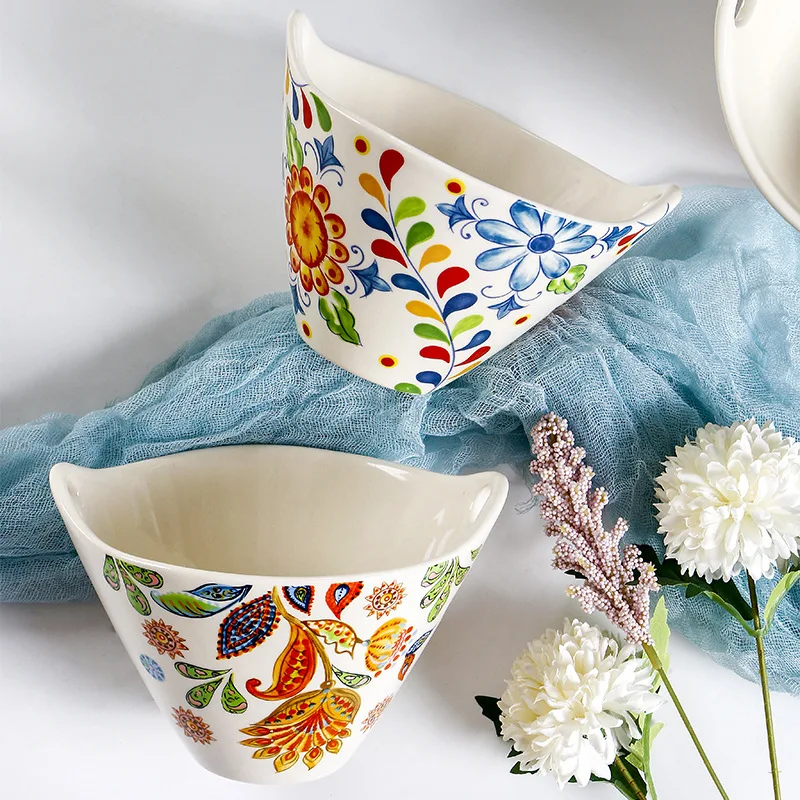 

Pastoral Style Creative Painted Ceramic Double Ear Bowl Noodle Soup Bowl Home Use