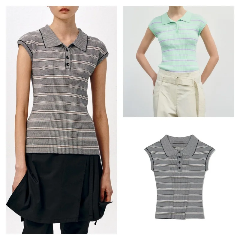 

LC@ Korean Knitted Polo Shirt for Women, Simple Slim Fit Collar, Short Sleeved Striped Top, Spring/summer 2025