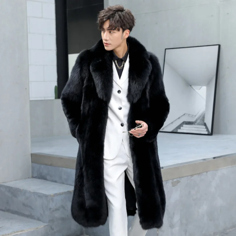 PFNW Autumn Winter New Men's Black Lapel Faux Fur Coat Thickened Warm Knee Length Overcoat 2024 Trend New Cardigan Coats 12C1886