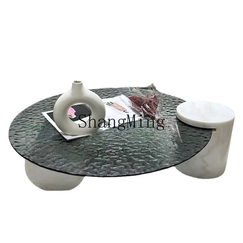 CL Minimalist Natural Marble Living Room Round Tempered Glass Water Ripple Coffee Table Creative High-end Table