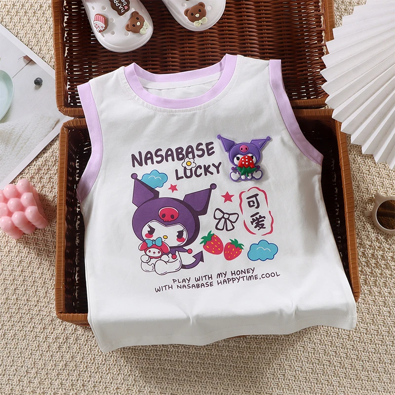 

2024 Sanrio Kuromi Children Sleeveless T-Shirt Girl Heart Summer Cartoon Cute My Melody Doll Single Tops Tide Gift for Kids