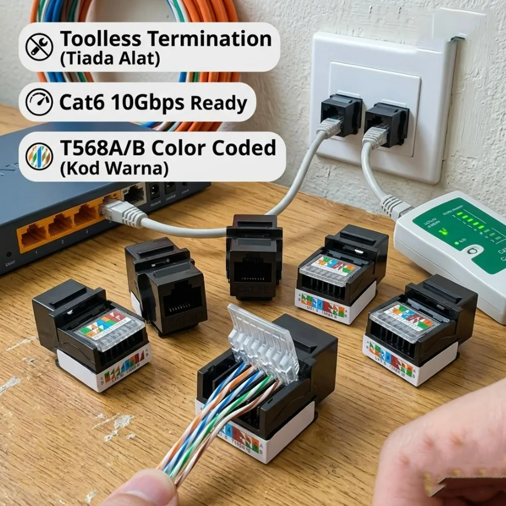 For RJ45 Cat6/Cat5e Ethernet Keystone Jack No Punch-Down Tool-Less RJ45 Module Coupler Ethernet Module Female Jack Wall Adapter - view 4
