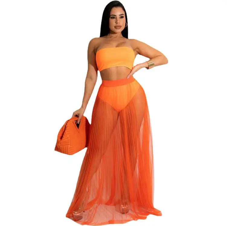 Women High Waist Mesh Skirts Crop Tops Set See Through Solid Transparent Chiffon Maxi Long Skirt Two Piece Suit Summer 2023