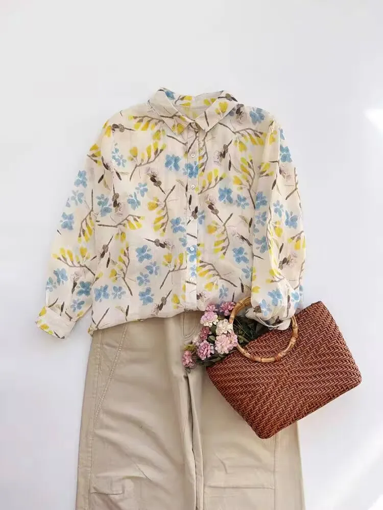 

Retro Cotton Linen Floral Print irt Women's Spring Autumn Loose Youthful Slimming Casual Long Sve irt Trendy