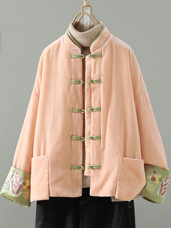 

Pink Velvet Chinese Style New Year Outfit Thickened Cotton Jacket Elegant National Style Commute Lady Straight Tube Coat