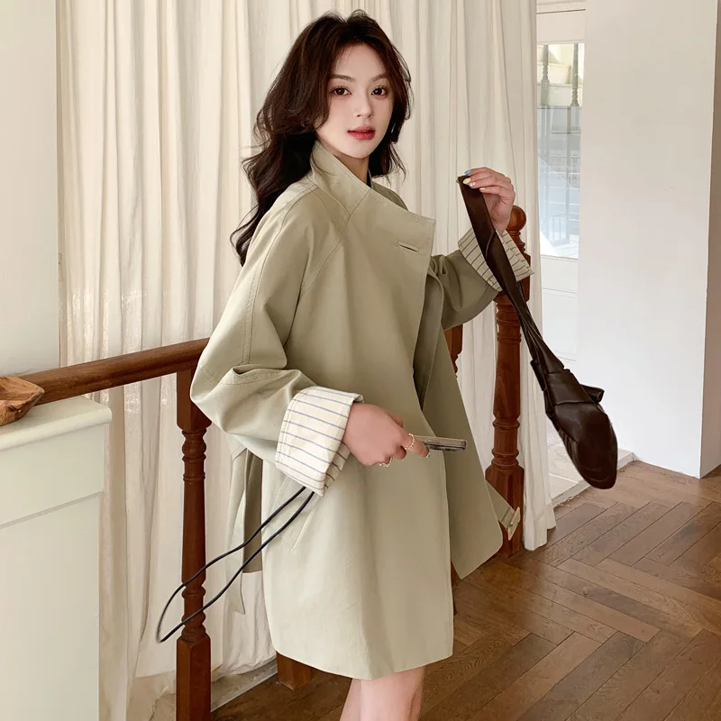 

Khaki Color Women's Spring Autumn 2026 New Style Stand Collar Belted Midi Length Coat Trendy Ladies' Outerwear Polo