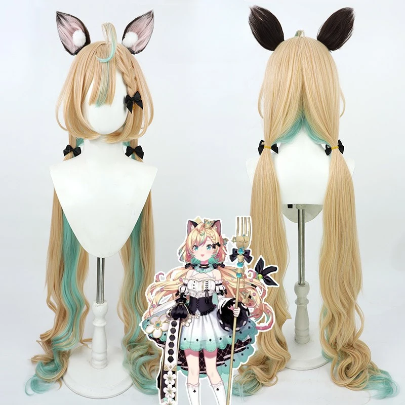 

Vtuber Millie Parfait Cosplay Wig Ears Long Ponytails Blonde Green Hair 2022 NIJISANJI EN Ethyria Idol Vitual Youtuber Headwear