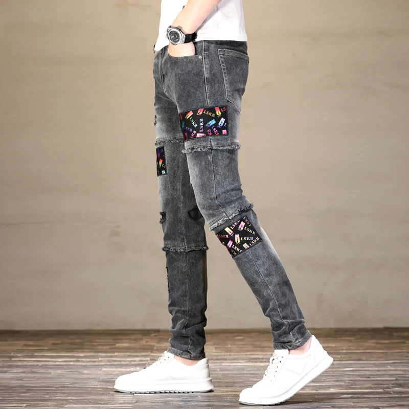 Men's ripped jeans personalized patch printing color stitching slim straight stretch high street motorcycle trousers