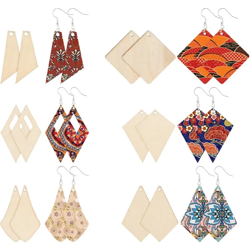 

Незаконченные деревянные серьги, 60 шт., 6 стилей, висячие серьги из натурального дерева с ромбами и 60 шт. крючками для сережек