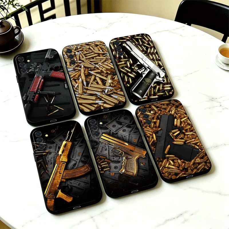 Gold Gun Bullets AK47 Handgun Phone Case Cover for Samsung A13 A14 A15 A16 A17 A53 A54 A55 A56 A57 A33 A34 A35 A36 A37 A23 A24 A