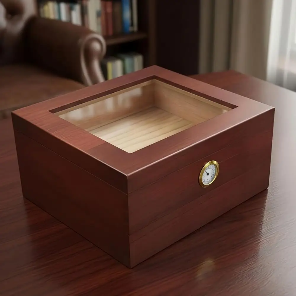 

Pine Wood Cigar Humidor with Digital Hygrometer and Accessory Drawer - Handcrafted Two-Layer Large Capacity Cigar Box with Sp