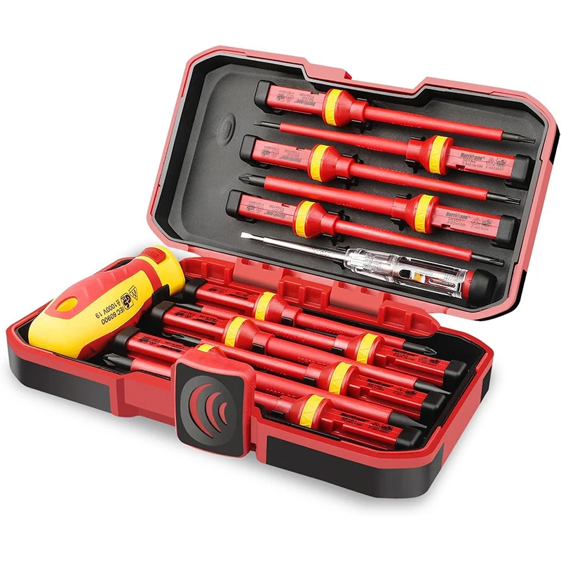 13pcs 1000V VDE Insulated Screwdriver Electrician Repair Tool Kit Magnetic Screw Driver Slotted Phillips Pozidriv Torx Cr-V Bits