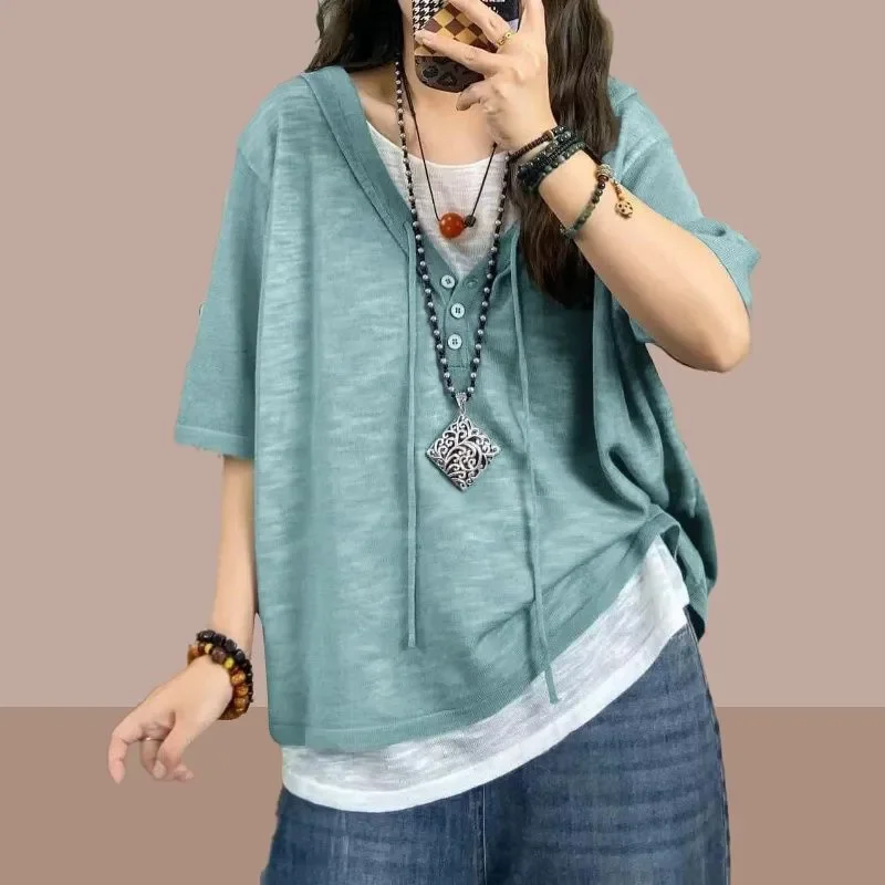 Loose V Neck Short Sleeve T Shirt for Women Solid Color Casual Summer Top Lightweight Breathable Tee for Beach Daily Wear