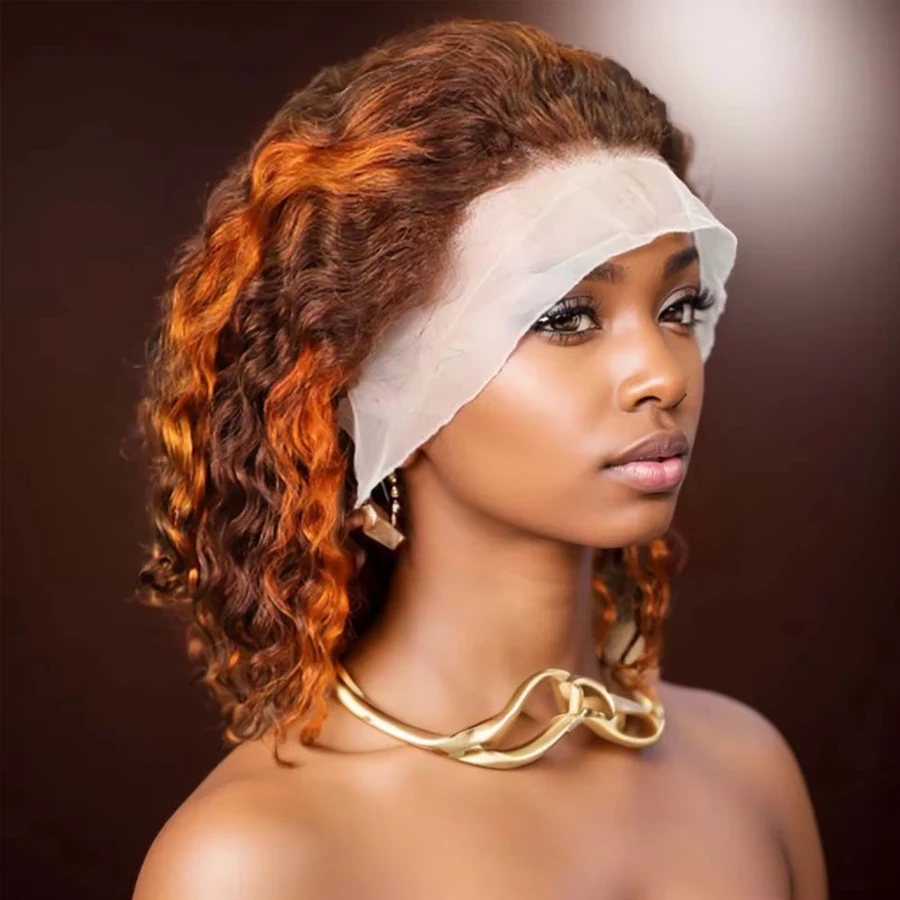 

Orange Ginger Highlight 13X4 Short Bob Lace Front Human Hair Wigs Brazilian Deep Wave For Women Curly HD Lace Frontal Wig Water