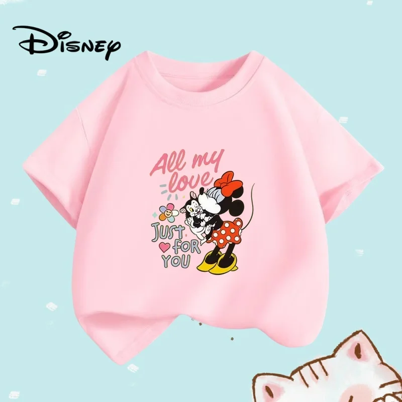 

Летняя детская одежда для мальчиков, футболки с принтами мультфильмов Disney Happy Minnie, модный детский топ с короткими рукавами и круглым вырезом для девочек