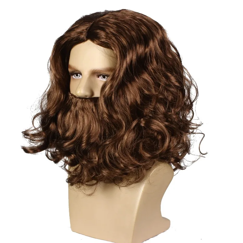 Peluca rizada larga y esponjosa resistente al calor con barba para hombres, cabello de cosplay de superhéroe marrón rubio, peluca LARP sintética de lujo para Halloween