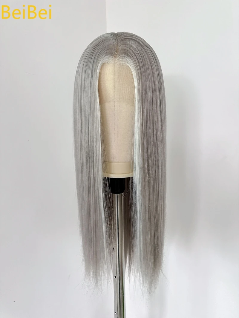Wig Renda Sorotan Abu-abu-putih 13*4 Wig Renda Depan untuk Wanita 26 Inci Wig Renda Sintetis Kualitas Tinggi Abu-abu Perak untuk Cosplay