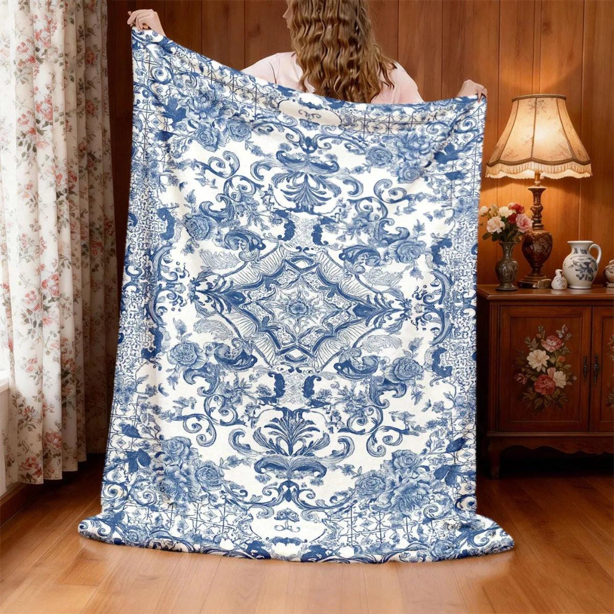 Blue and White Floral Symmetrical Pattern Flannel Blanket in BlueandWhite Porcelain Style, Lightweight Hanging Design with Wrink