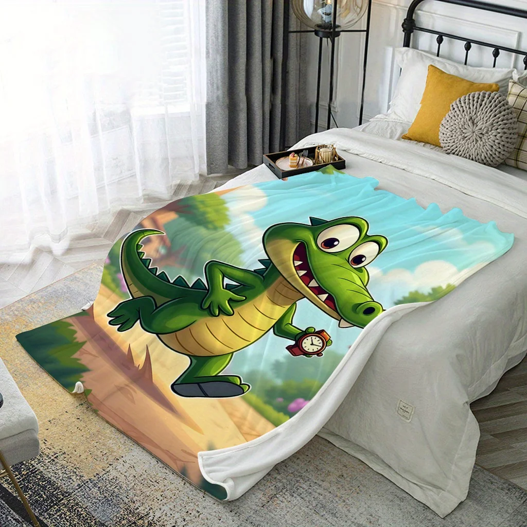 Contemporary Cartoon Crocodile Digital Print Flannel Blanket, Soft Cozy Throw for Nap, Travel, Sofa, Bed, Office, Home Decor, Al