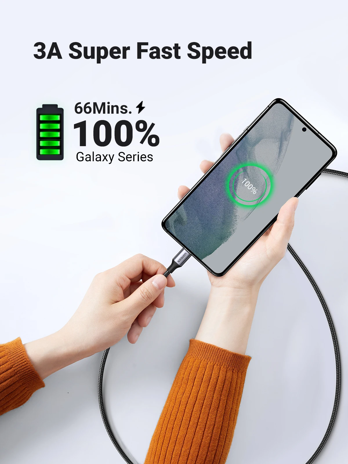 UGREEN-Cable USB tipo C para Macbook, iPad, Samsung, Xiaomi, PD, carga rápida 3A, 60W, 100W
