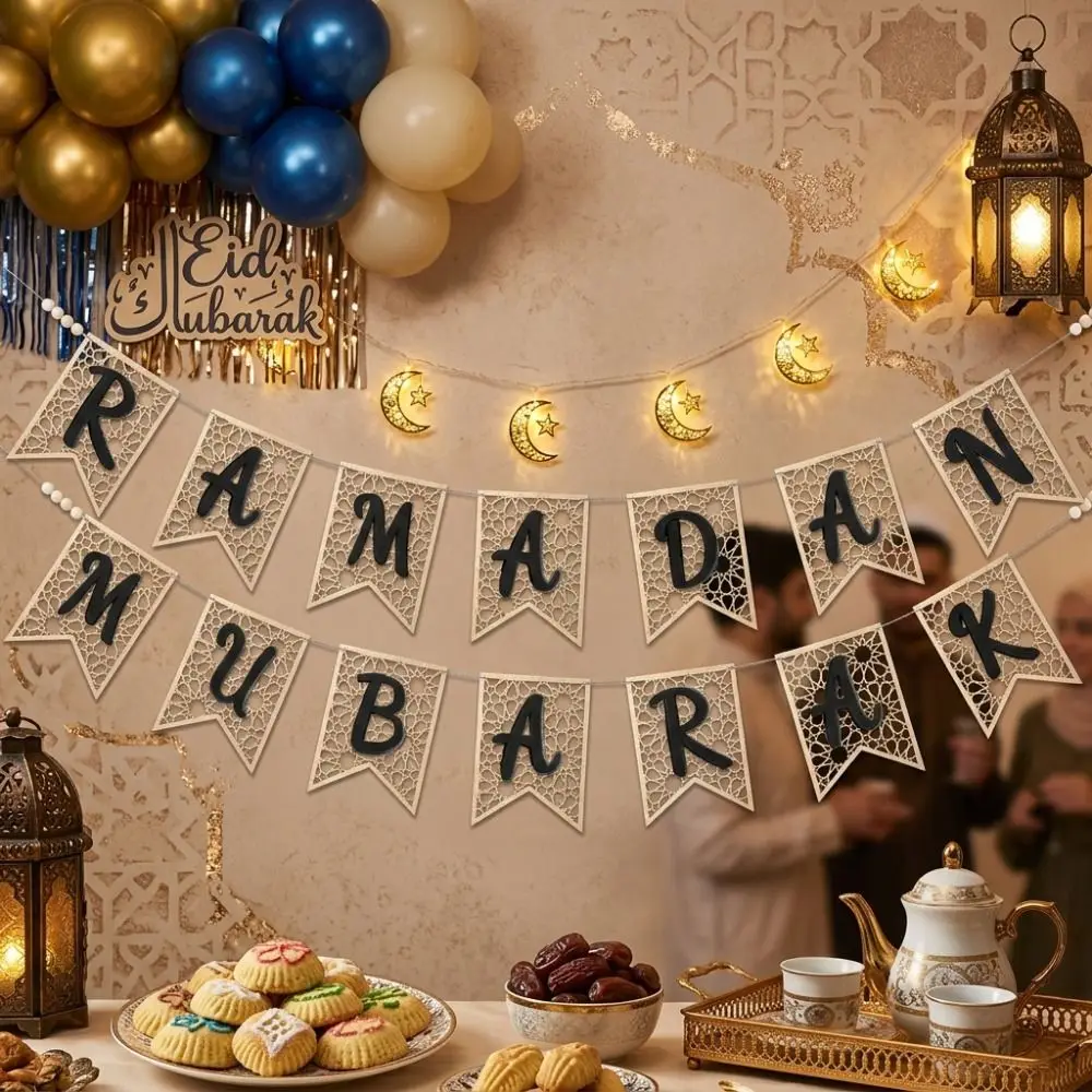 

Crafts Wooden Ramadan Banner Openwork Pattern with Letter Mubarak Banner Decorative Festival Pull Flag Fireplace