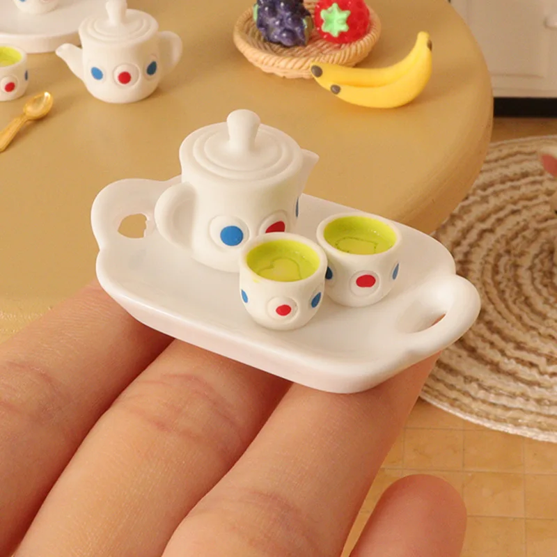 4pcs Dollhouse Teapot Teacup Tray 1/12 Mini Model Scale Miniature Home Scene Shooting Ornaments Food Play Simulation Home Decor