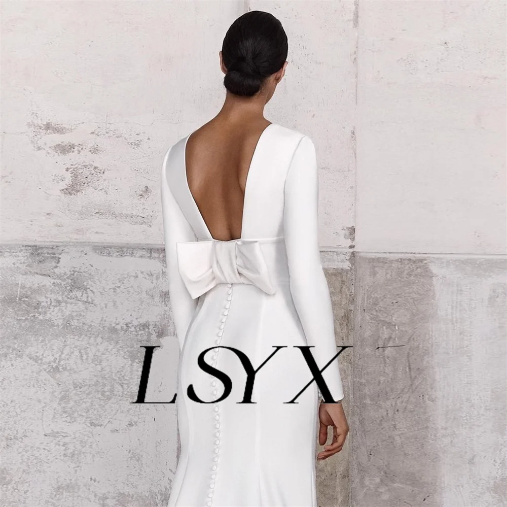 LSYX profondo scollo a v semplice maniche lunghe abito da sposa sirena elegante aperto indietro fiocco lunghezza pavimento abito da sposa su misura