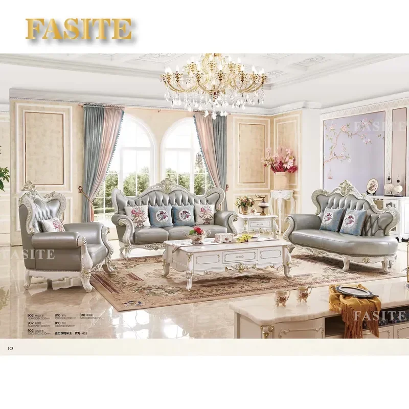 For European Luxury Classic Carved Wood Living Room Furniture French Leather Upholstered Sectional Sofa Set With Chaise