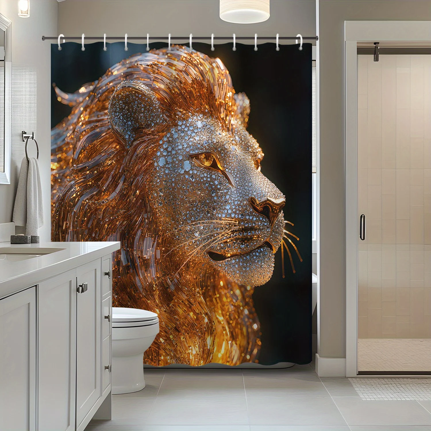 

1pc Golden Crystal Diamond Lion Statue Shower Curtain, 12 Hooks Bath Screen, Home Decor Bathroom Accessories