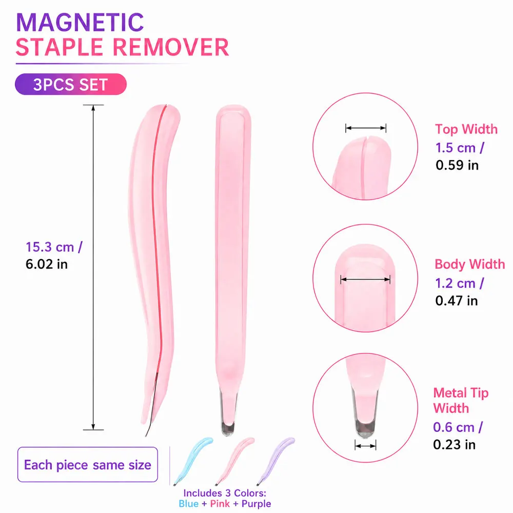3PCS Professional Magnetic Staple Removers with Ergonomic Curved Handles and Metal Tips for Paper, Documents, Office and Schools