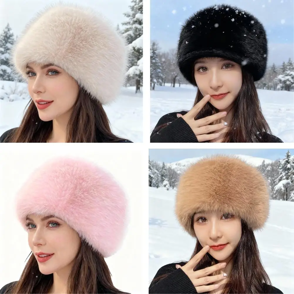 Cappello mongolo in peluche spesso e caldo per donna Berretto invernale a tesa larga con parte superiore piatta, copricapo alla moda a prova di freddo per l'inverno