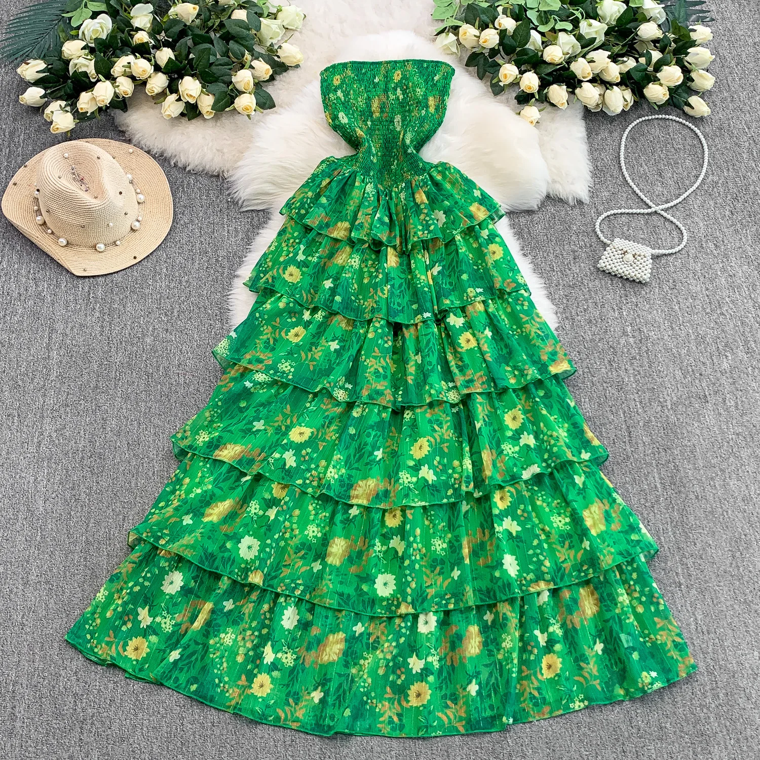 

2025 Holiday Elegant One-shoulder Printed Dress Female Summer Bohemian Leisure Beach Layered Ruffled Long Dress