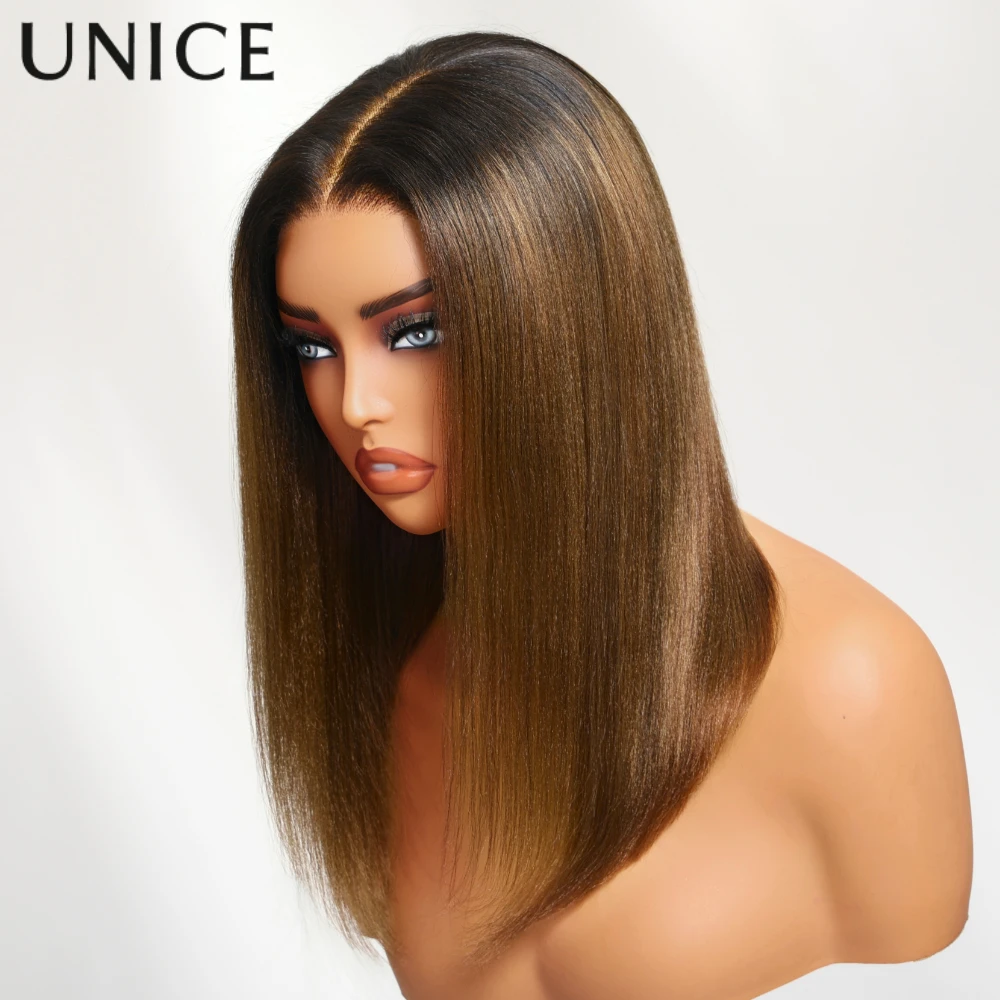 

UNice No Slip Cap 7x5 Lace Chestnut Brown Ombre Yaki Straight Bob Wig With Drawstring 100% Human Hair Glueless Wigs 150% Density