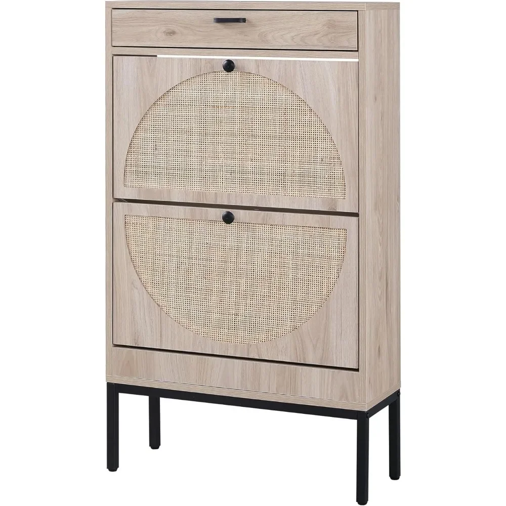 

Shoe Cabinet, Natural Semi Circle Rattan Shoe Storage Organizer Cabinet with 2 Flip Drawers, Freestanding Shoe Rack