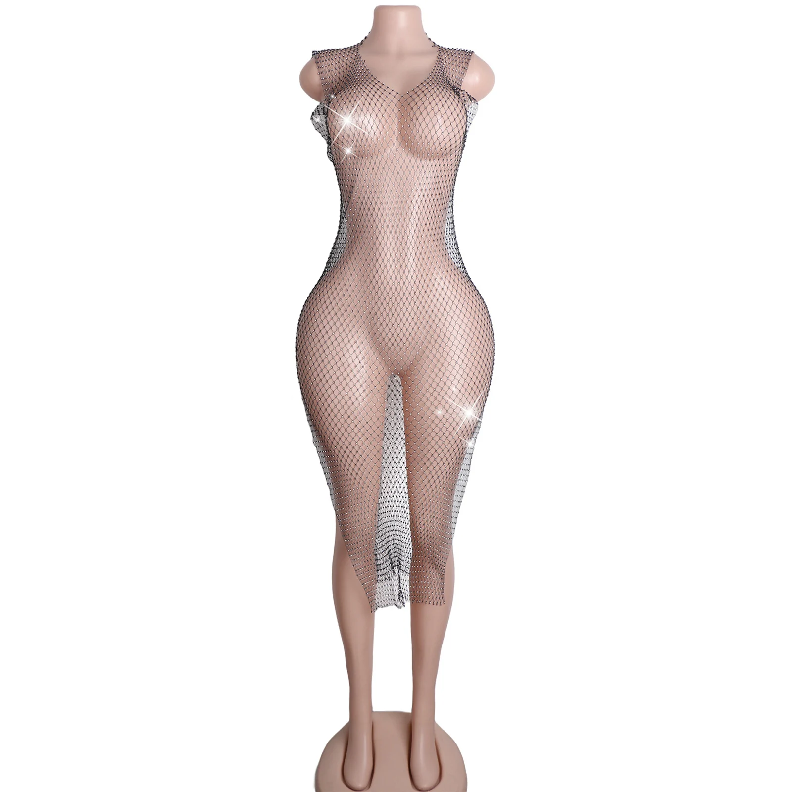 

Rhinestone Bodysuit Long Dress Sheer Sexy Diamond Party Outfit Designer Nightclub Performance Gown Event Wear