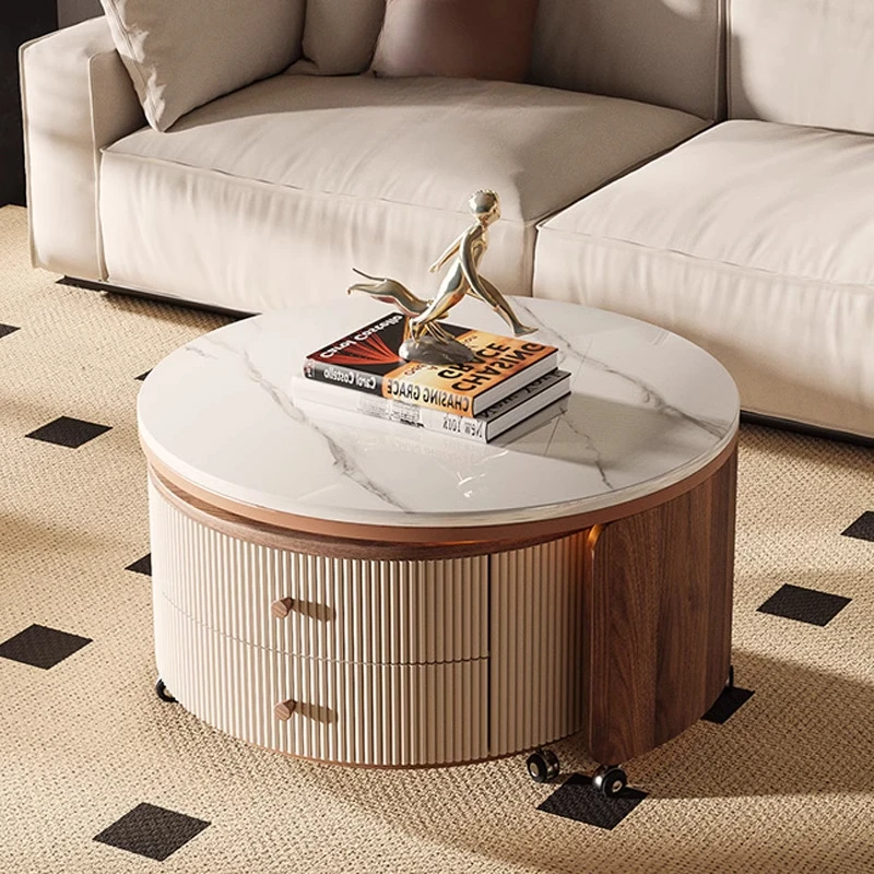 

Modern French medieval rock slab coffee table minimalist household living room small apartment movable rotating coffee table wit