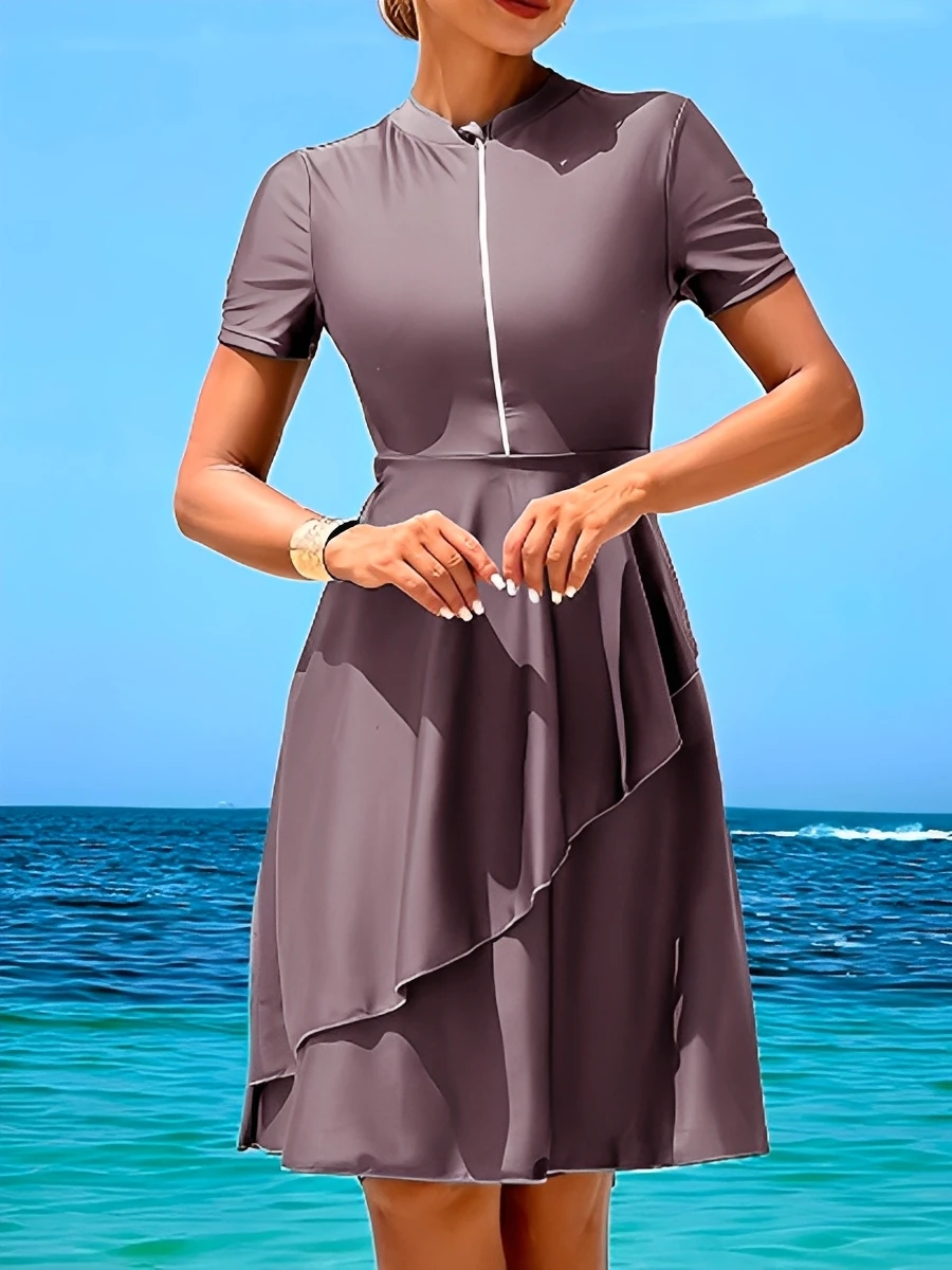 

2026 Long Knee Swimwear Female Tankini 2 Pieces Zipper Swimsuit Women Beach Dress Solid Bathers Bathing Swimming Swim Suit