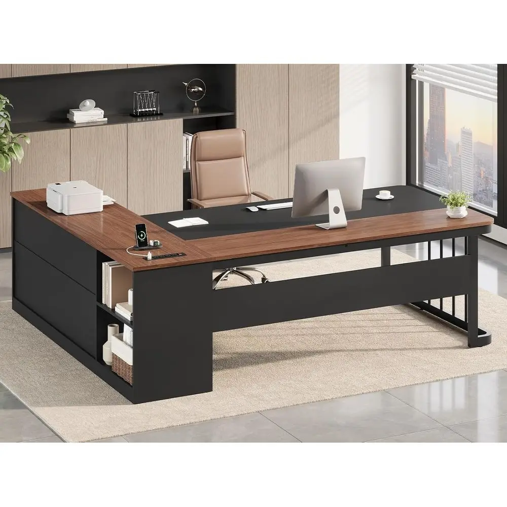 

71 Large L-Shaped Office Desk with Drawers, Storage Shelves, and Power Outlets in Walnut Finish