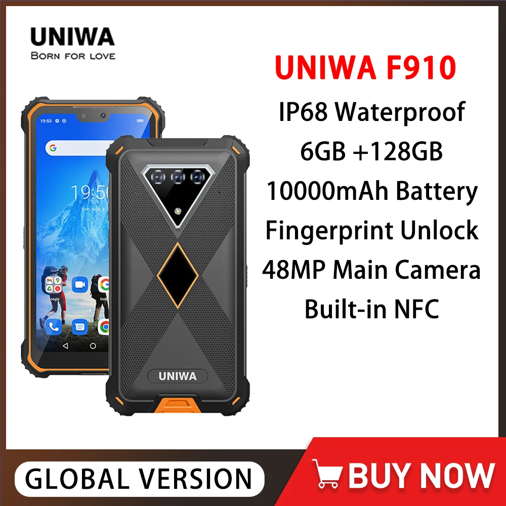 Uniwa-頑丈なAndroid携帯電話,6.23インチF910オクタコア,6GB RAM 128GB ROM, 10000mah,48mp,指紋ロック解除