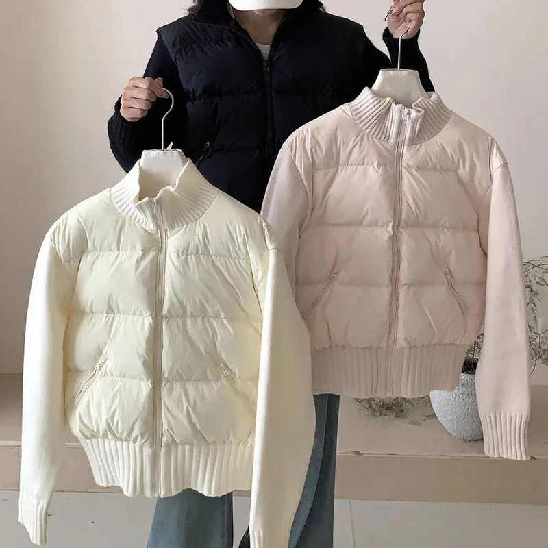 Korean Sweet Cotton-Padded Jacket Women Winter New Knitted Spliced Down Cotton Coats Fashion Short Stand-Up Collar Warm Parkas